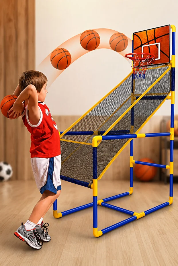 Çocuk Basketbol Potası Fileli Top Toplama Hazneli İç ve Dış Mekan Spor Oyun Seti Çocuk Basketbol Potası Fileli Top Toplama Hazneli İç ve Dış Mekan Spor Oyun Seti